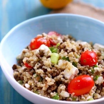 Lentil quinoa salad with feta cheese is a great summer side dish!