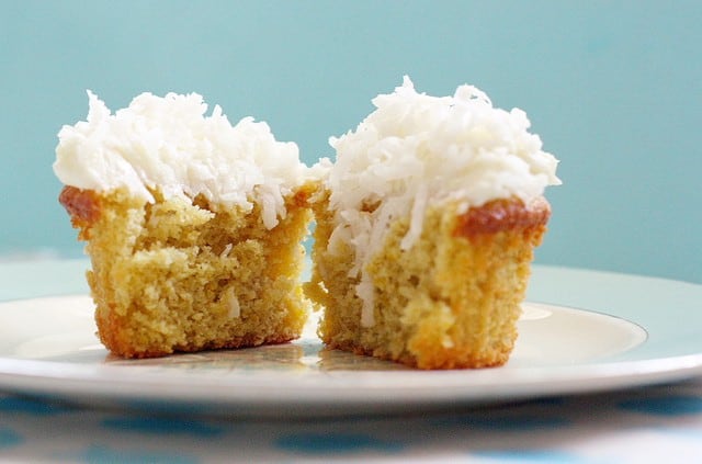 Gluten Free Lemon Cupcakes with Coconut Frosting.