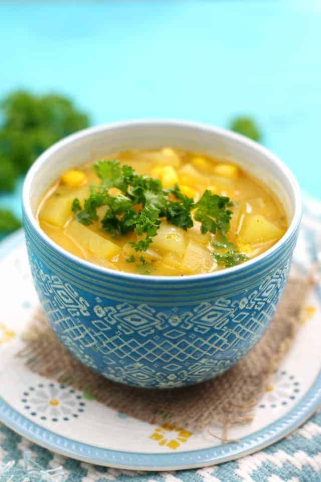 A hearty potato and corn chowder is an easy meal that's dairy and gluten free!
