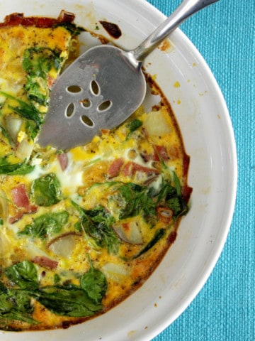 A flavorful dairy free frittata that's filled with ham, spinach, and potatoes. #dairyfree #glutenfree