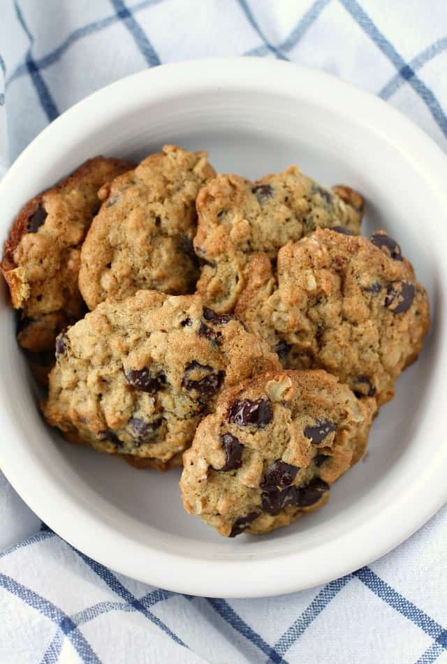 banana chocolate chip oat cookies in a white bowl