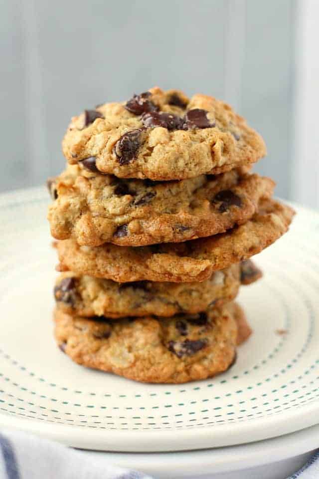 stack of banana chocolate chip oatmeal cookies