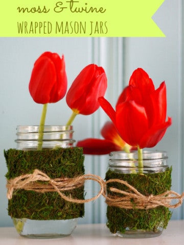 Very easy and fresh looking vases made with just upcycled glass jars, moss, and twine.