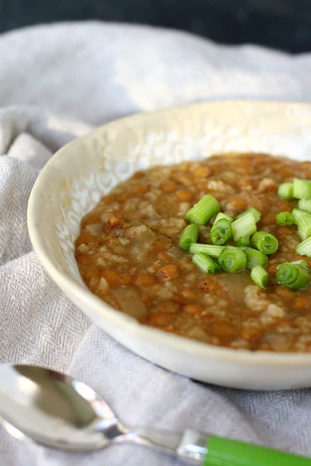 gluten free lentils and rice in a white bowl