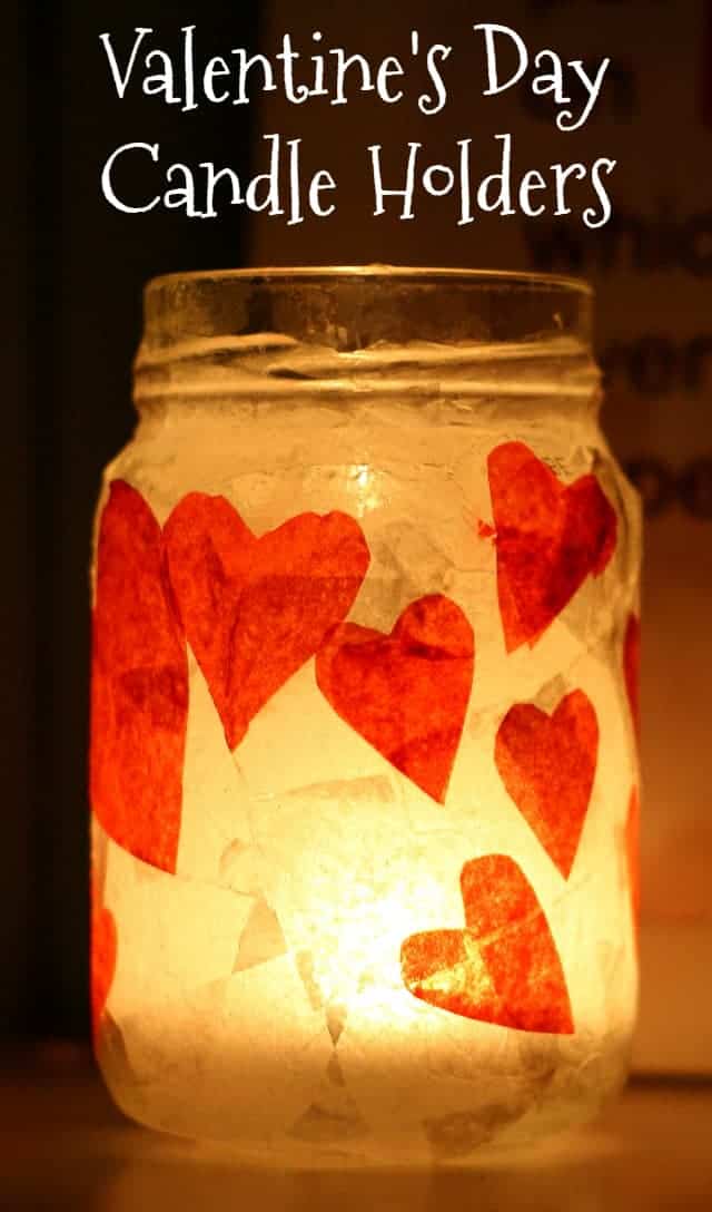A super simple Valentine's Day craft - candle holders made from recycled jars and tissue paper hearts. #valentinesday
