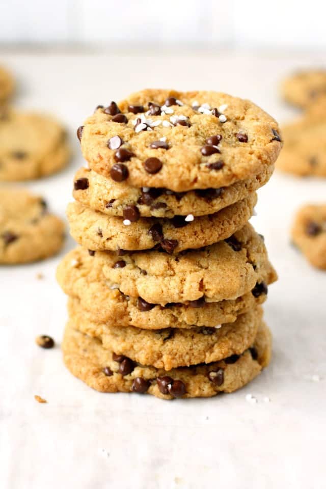 salted chocolate chip cookies stacked up