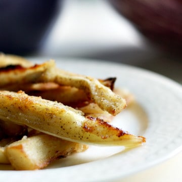 Crunchy eggplant fries, gluten free and vegan.