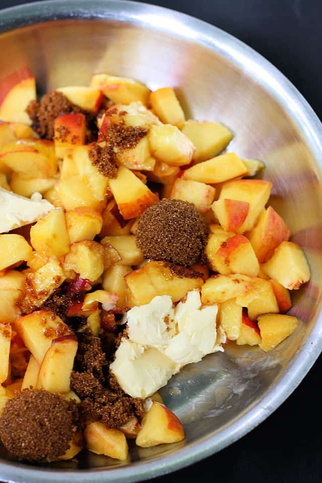 peaches and brown sugar in frying pan