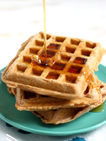 These whole grain spelt vegan waffles are delicious and light and fluffy!