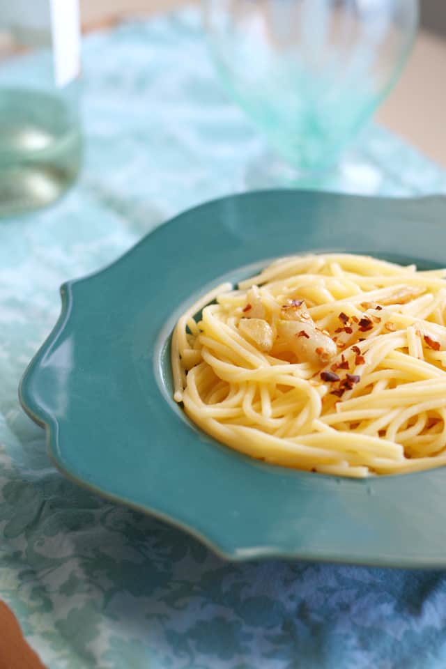 Tasty and simple garlic spaghetti recipe. Gluten free and Dairy free.