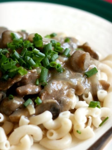 Creamy and delicious beef stroganoff recipe made without any canned soups! Easy and comforting. #glutenfree #noodles