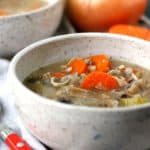 chicken wild rice soup in a white ceramic bowl