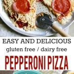 Yes, you CAN enjoy tasty, cheesy, melty, pizza if you are on a gluten free and dairy free diet! This is easy to make and the whole family will love it! #pizza #glutenfree #dairyfree