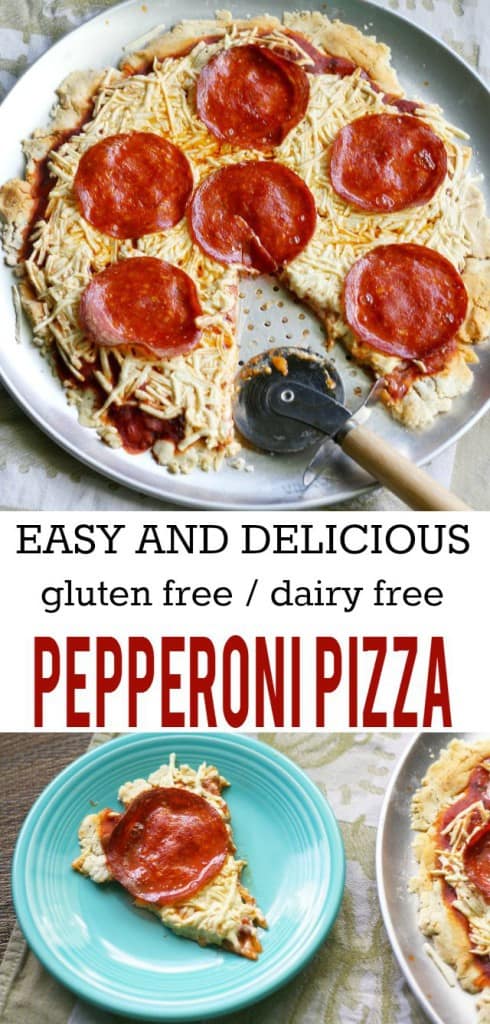 Yes, you CAN enjoy tasty, cheesy, melty, pizza if you are on a gluten free and dairy free diet! This is easy to make and the whole family will love it! #pizza #glutenfree #dairyfree