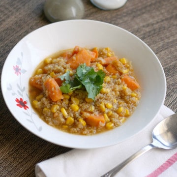corn quinoa and sweet potato soup recipe, gluten free and vegan