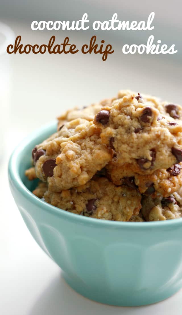 chocolate chip oatmeal cookies in a blue bowl