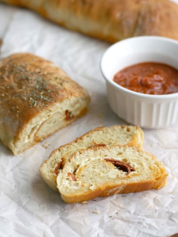 Make a quick and tasty dinner - pepperoni bread and marinara sauce!