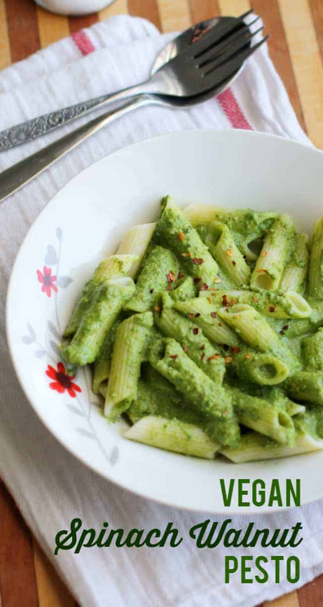 A very fast and delicious pesto recipe made in the blender with walnuts and spinach. This pesto is packed with superfoods!