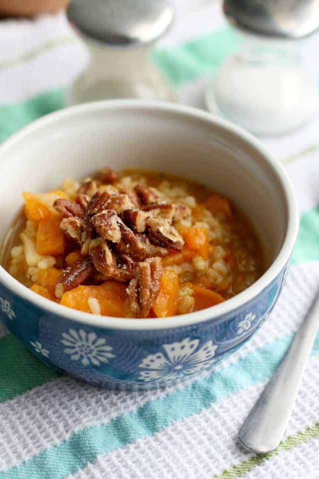 sweet potato brown rice soup in a blue bowl