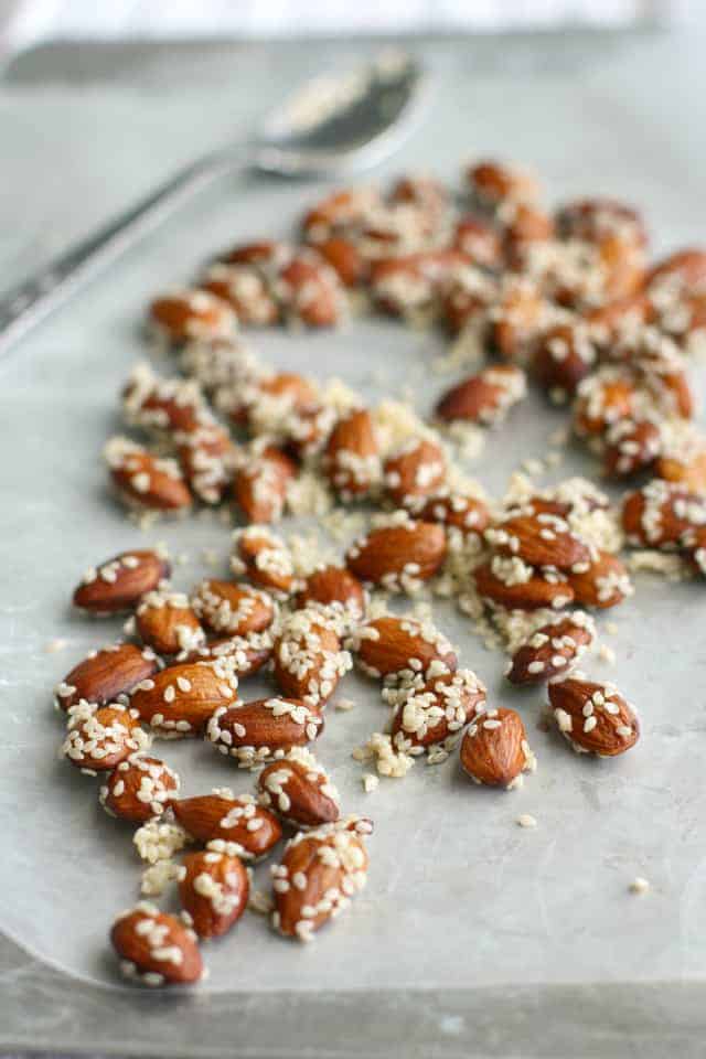 A simple snack - sweet sesame almonds.