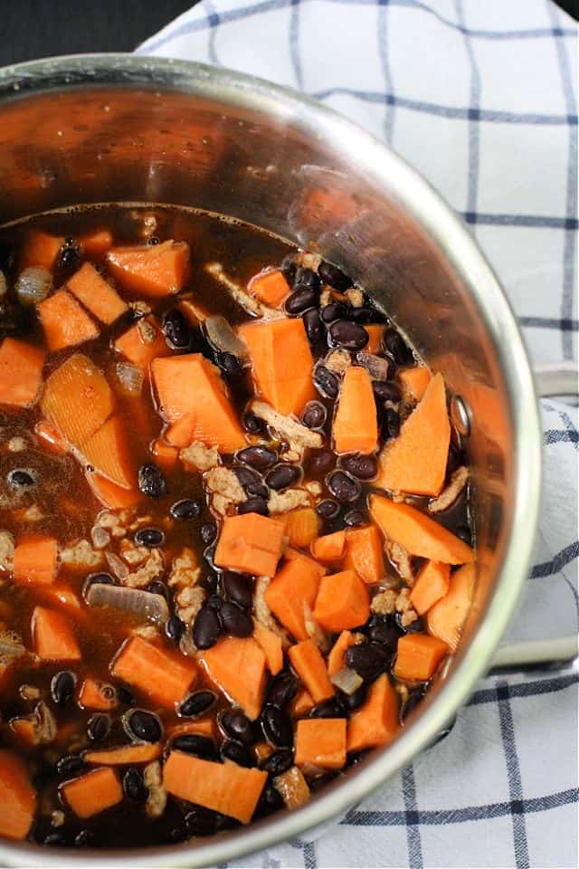 black bean turkey chili in a pot