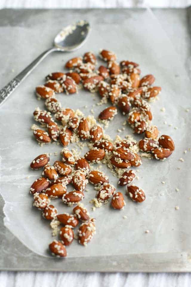 Gluten free and dairy free sweet sesame almonds. 