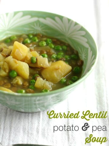 A recipe for warming curried lentil potato and pea soup - vegan and gluten free.