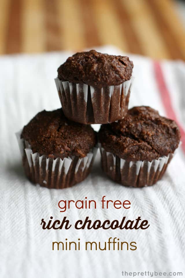 Delicously easy and healthier grain free paleo rich chocolate mini muffins.