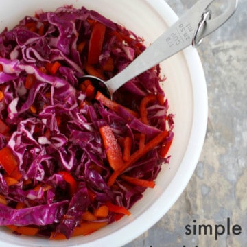 This simple red cabbage slaw is so easy to throw together. Lots of fresh veggies and a tasty dressing made with just a few ingredients! Vegan and gluten free.