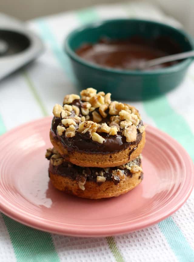 vegan banana nut donuts with chocolate frosting