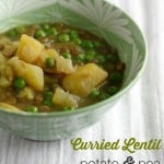 Make a spicy, warming soup with curried lentils, potatoes, and peas! Gluten free and vegan.
