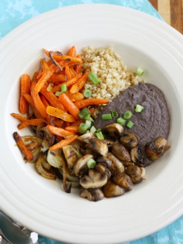 Hearty and healthy, this roasted veggie bowl with brown rice is a delicious lunch or dinner. Vegan and gluten free.