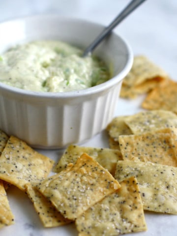 Easy poppy seed crackers are delicious with dairy free chive dip.