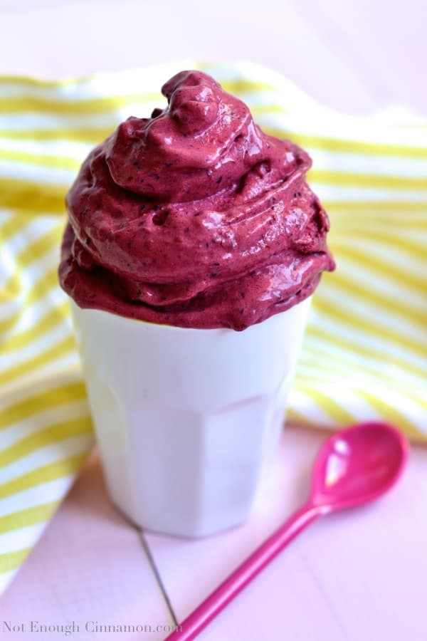 no churn berry ice cream in a white cup