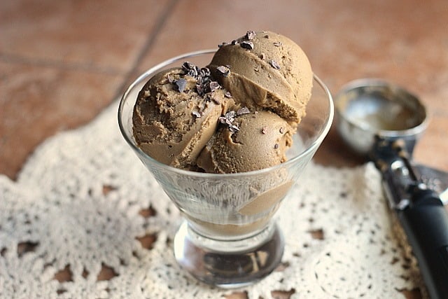 chocolate ice cream in a glass bowl