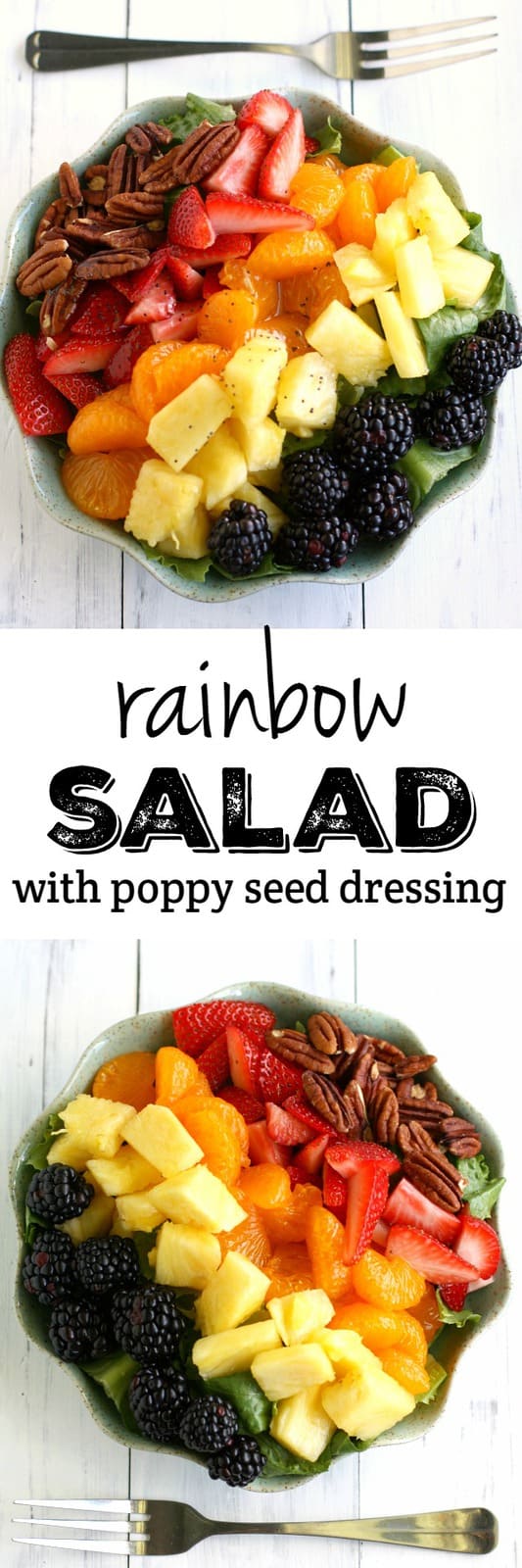 A fresh and delicious salad with a rainbow of fruits, pecans, and a poppy seed dressing. Inspired by Panera's salad, this version is easy to make at home!