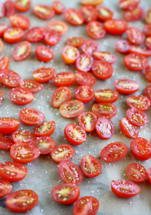 Fresh cherry tomatoes on a cookie sheet