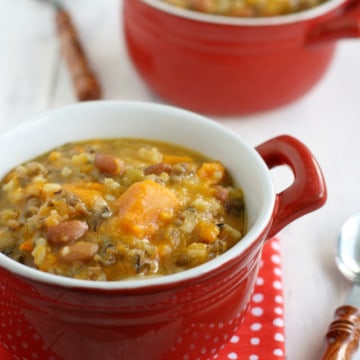 Sweet potato, bean, and wild rice slow cooker soup.