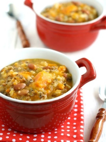This sweet potato and wild rice soup is tasty, hearty, and healthy! Easy to throw in the crock pot, and everyone LOVES it! #slowcooker #glutenfree