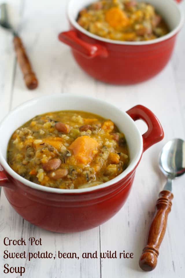 Sweet potato, bean, and wild rice soup made in the crock pot.