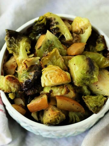 bowl of roasted sprouts with apples