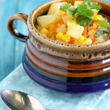 Comforting corn and potato soup made in the slow cooker. A hearty and healthy lunch or dinner.