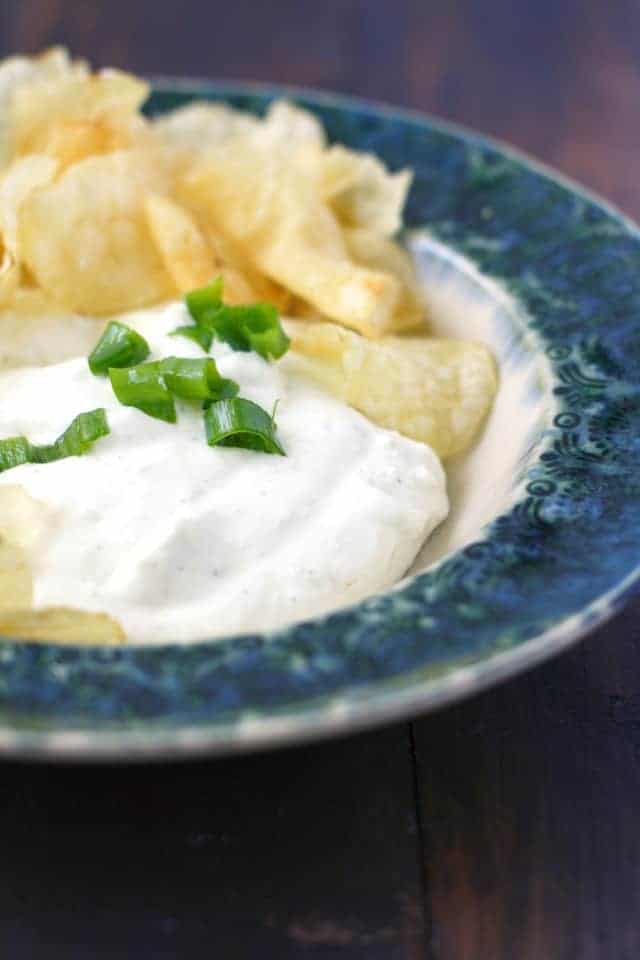dairy free chip dip in a blue bowl