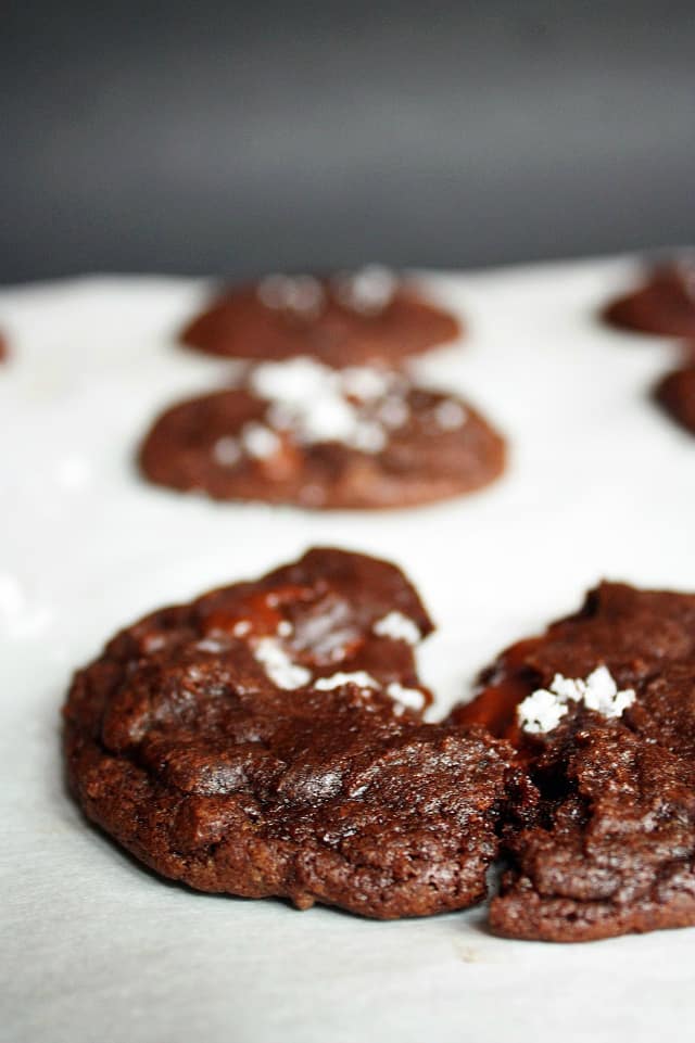 gooey chocolate caramel cookies with sea salt
