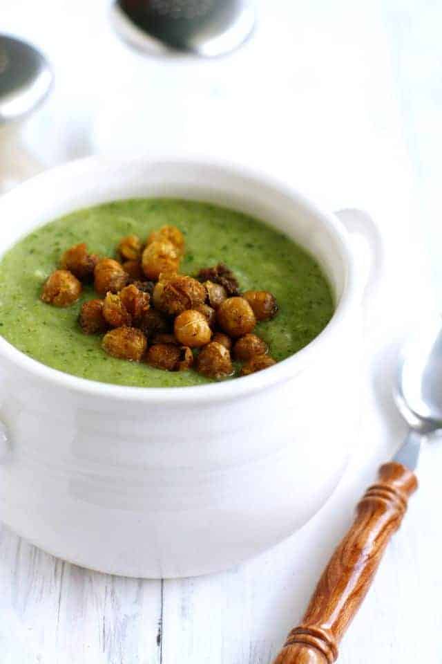 Creamy broccoli soup topped with roasted chickpeas - the perfect combination! Vegan and gluten free. 