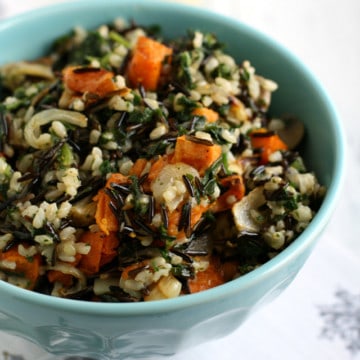 Flavorful and healthy sweet potato, wild rice, and mushroom stuffing recipe.