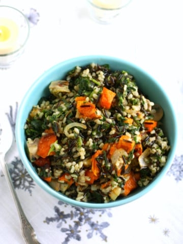 Flavorful and healthy sweet potato, wild rice, and mushroom stuffing recipe.