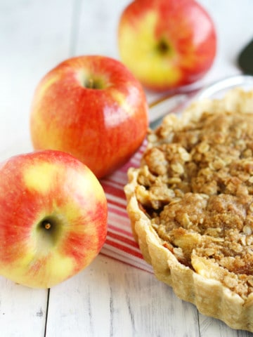 A delicious Amprosia apple tart with a buttery crumble topping!