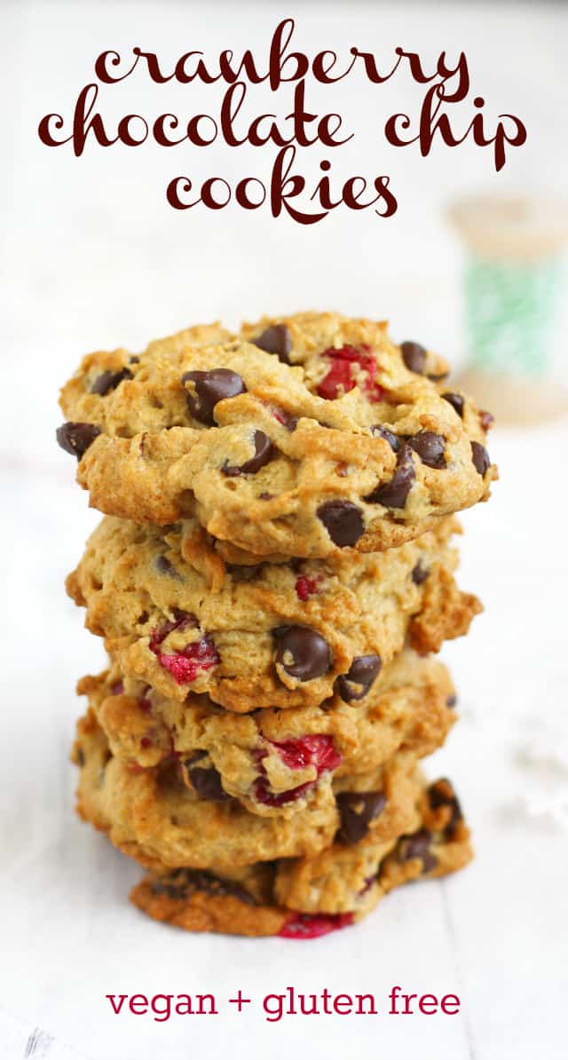 These delicious chocolate chip cranberry cookies are a festive holiday treat! The bright pink berries peeking out look very pretty on a cookie tray! #vegan #glutenfree #cookies