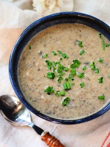 dairy free mushroom soup in a blue bowl
